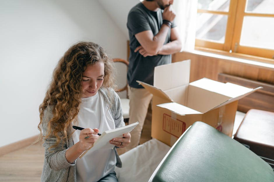 A young woman with curly hair sits on a bed inside a room, holding a document or checklist, while a man with long dark hair stands nearby, showing a peace sign with his fingers. The room contains a gr